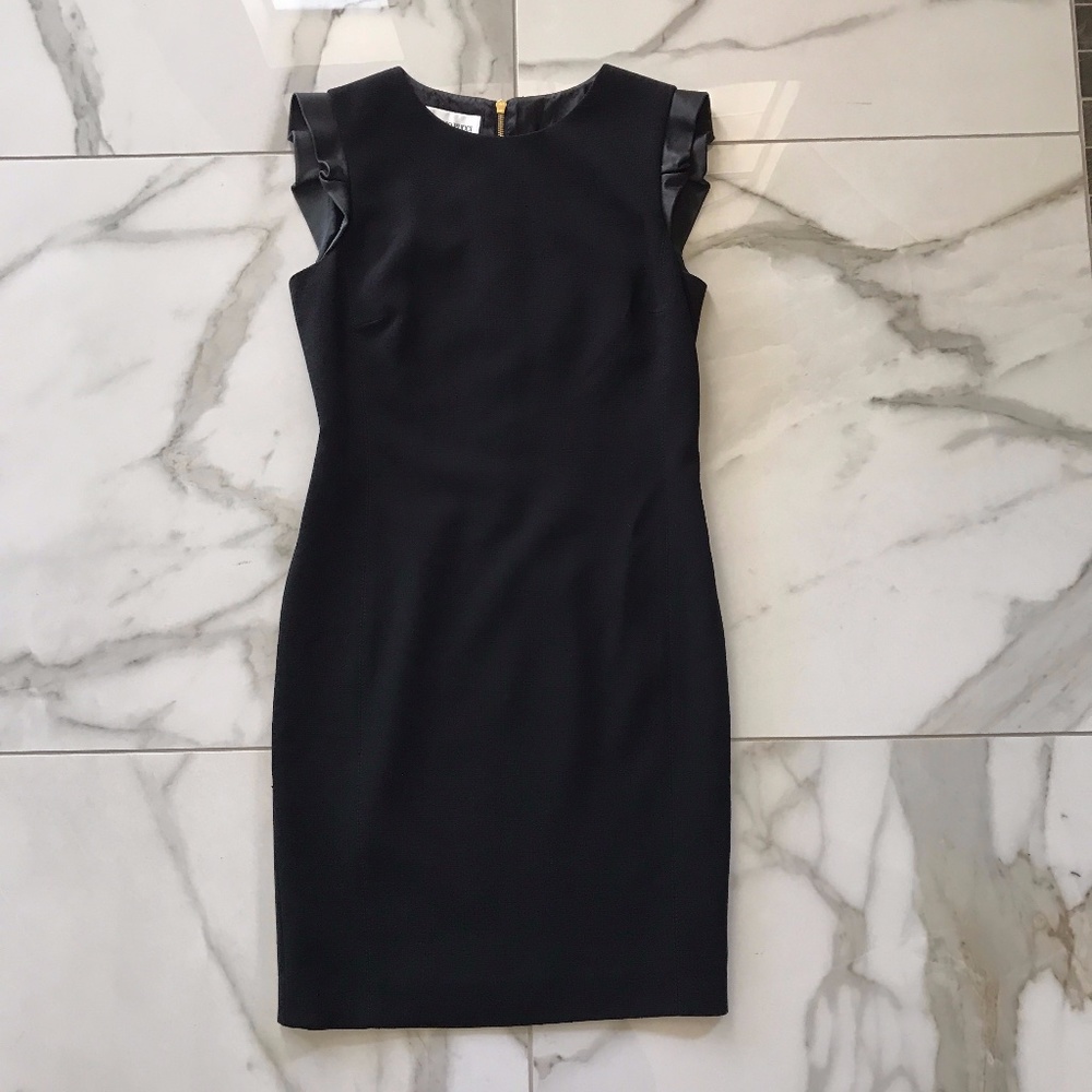 Emilio Pucci Dress Black Wool Sheath Dress with Lamb Leather Cap Sleeves 10 🇮🇹